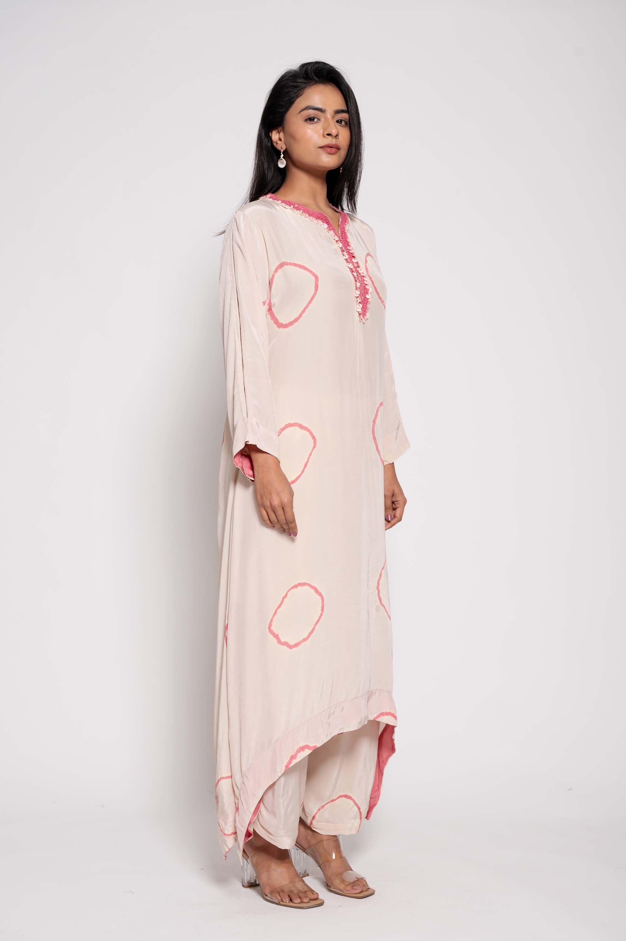 Tie Dye Asymmetrical Kurta set with Mother of Pearls work