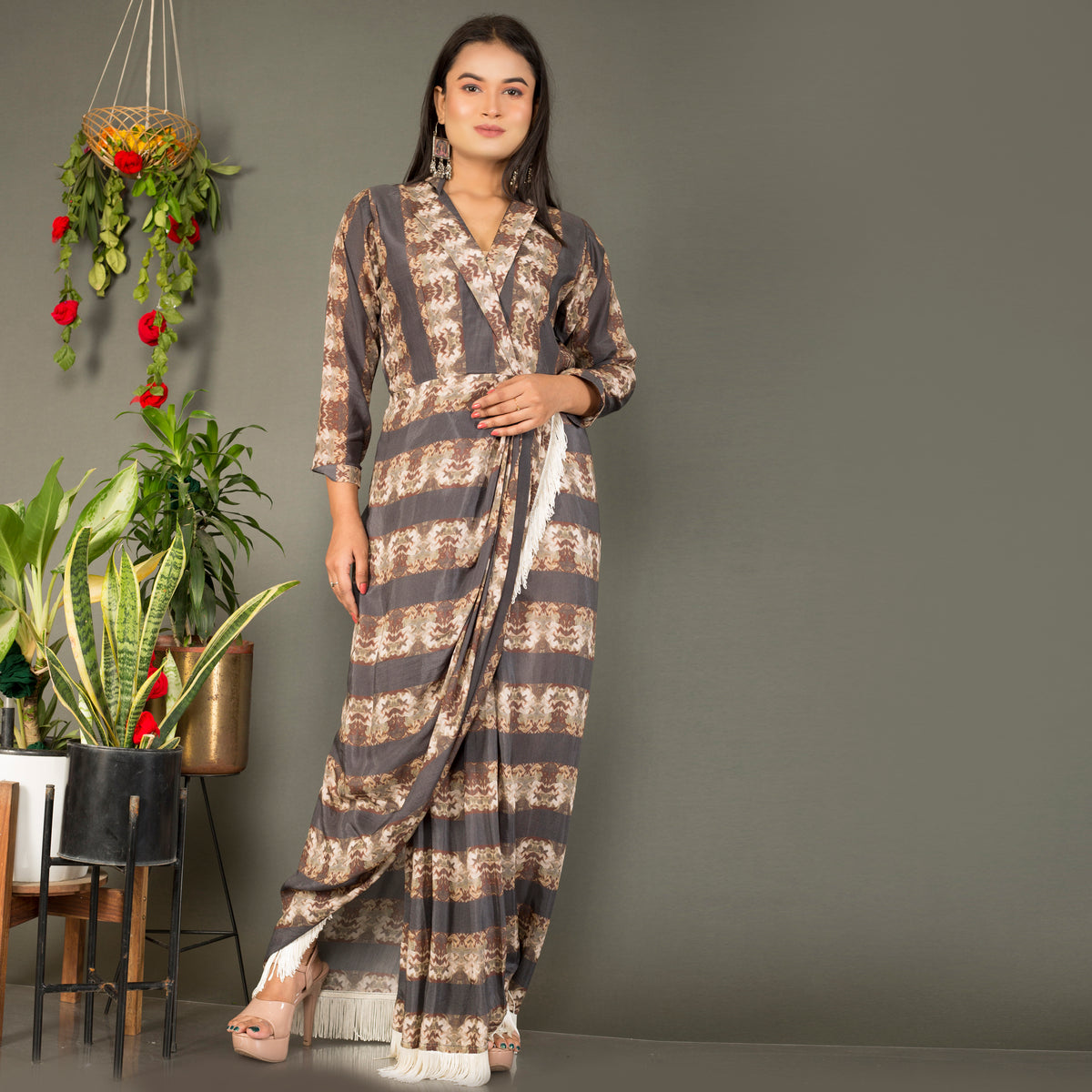Digital print tussel work gown