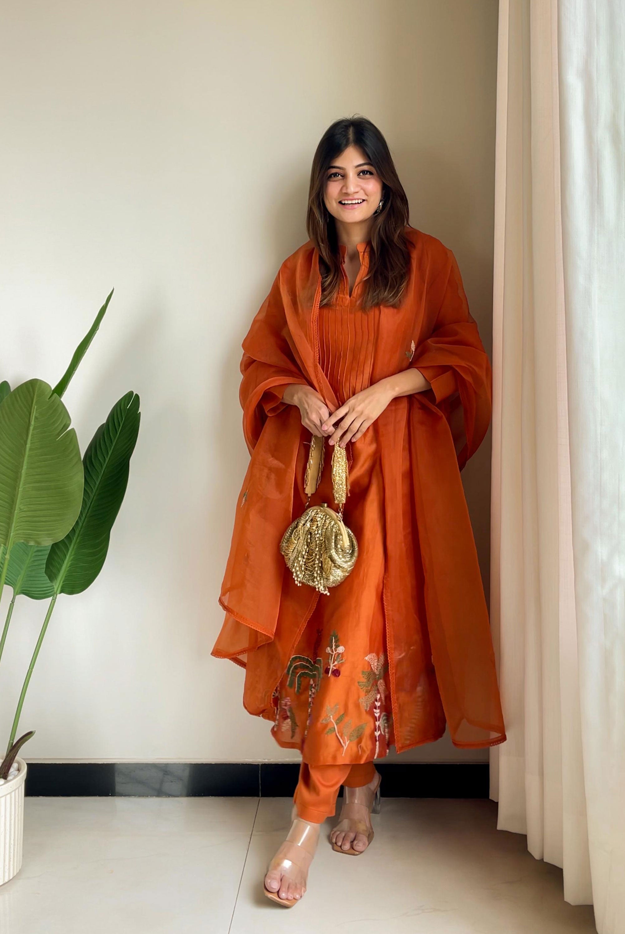 Kantha Work A-line Kurta Pant with Organza Dupatta