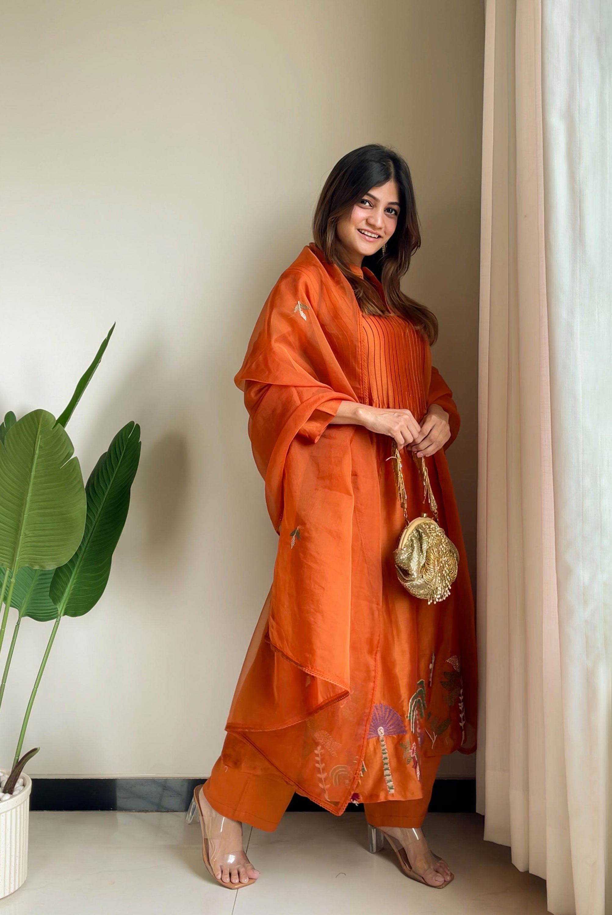 Kantha Work A-line Kurta Pant with Organza Dupatta