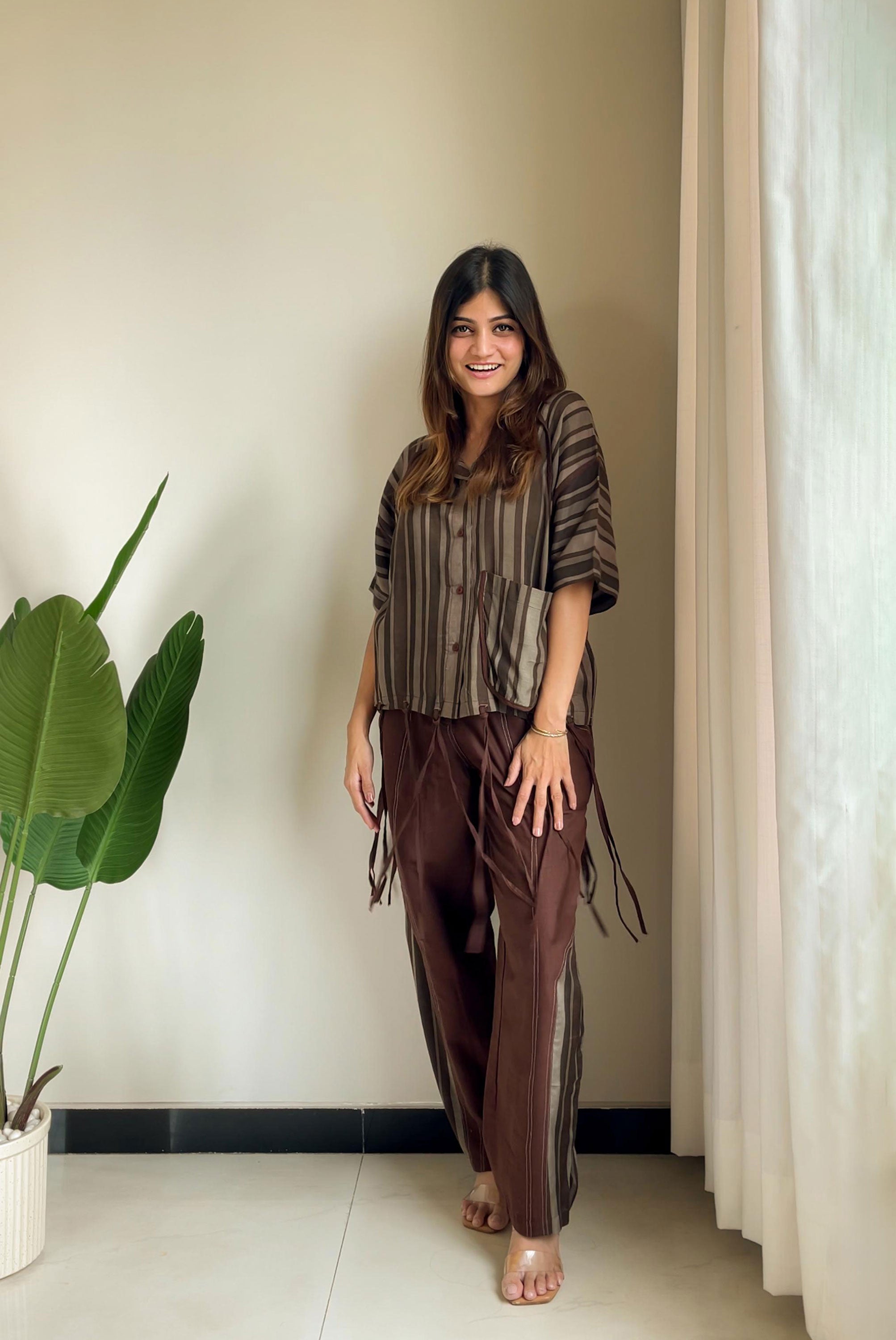 Coord Set with Bohemian Style Pant with Vertical Strip with Trendy Strings Top