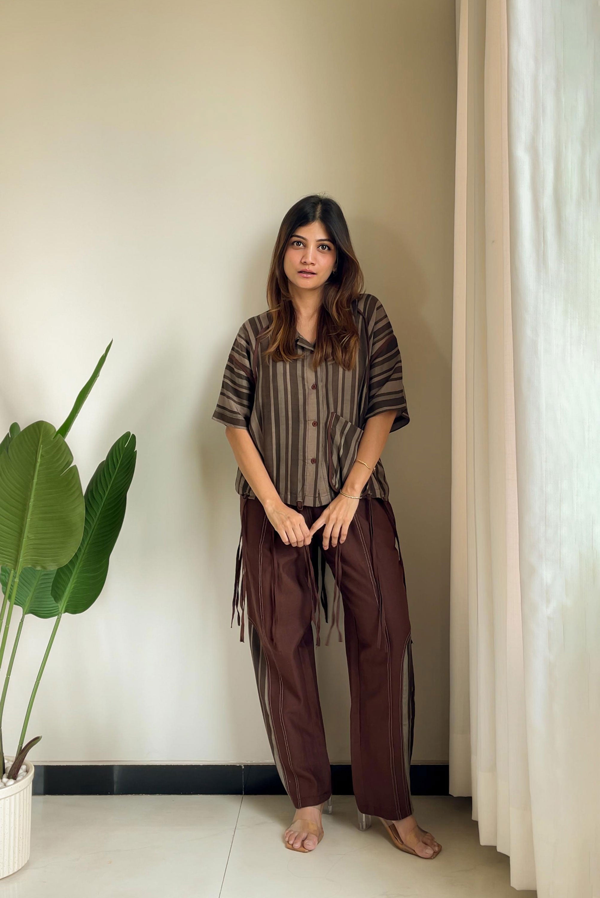 Coord Set with Bohemian Style Pant with Vertical Strip with Trendy Strings Top