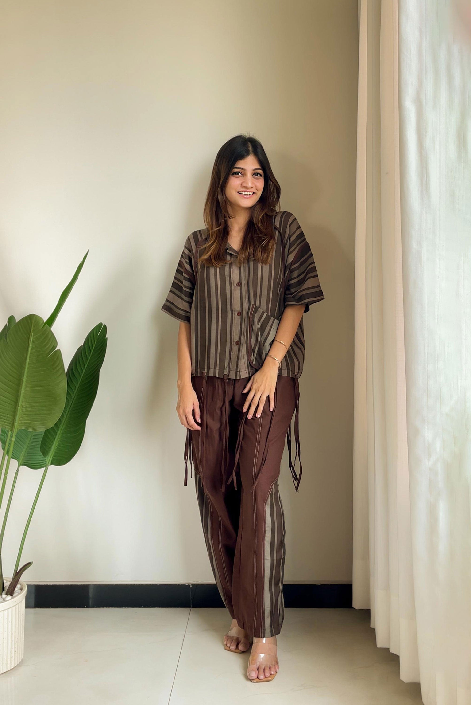 Coord Set with Bohemian Style Pant with Vertical Strip with Trendy Strings Top