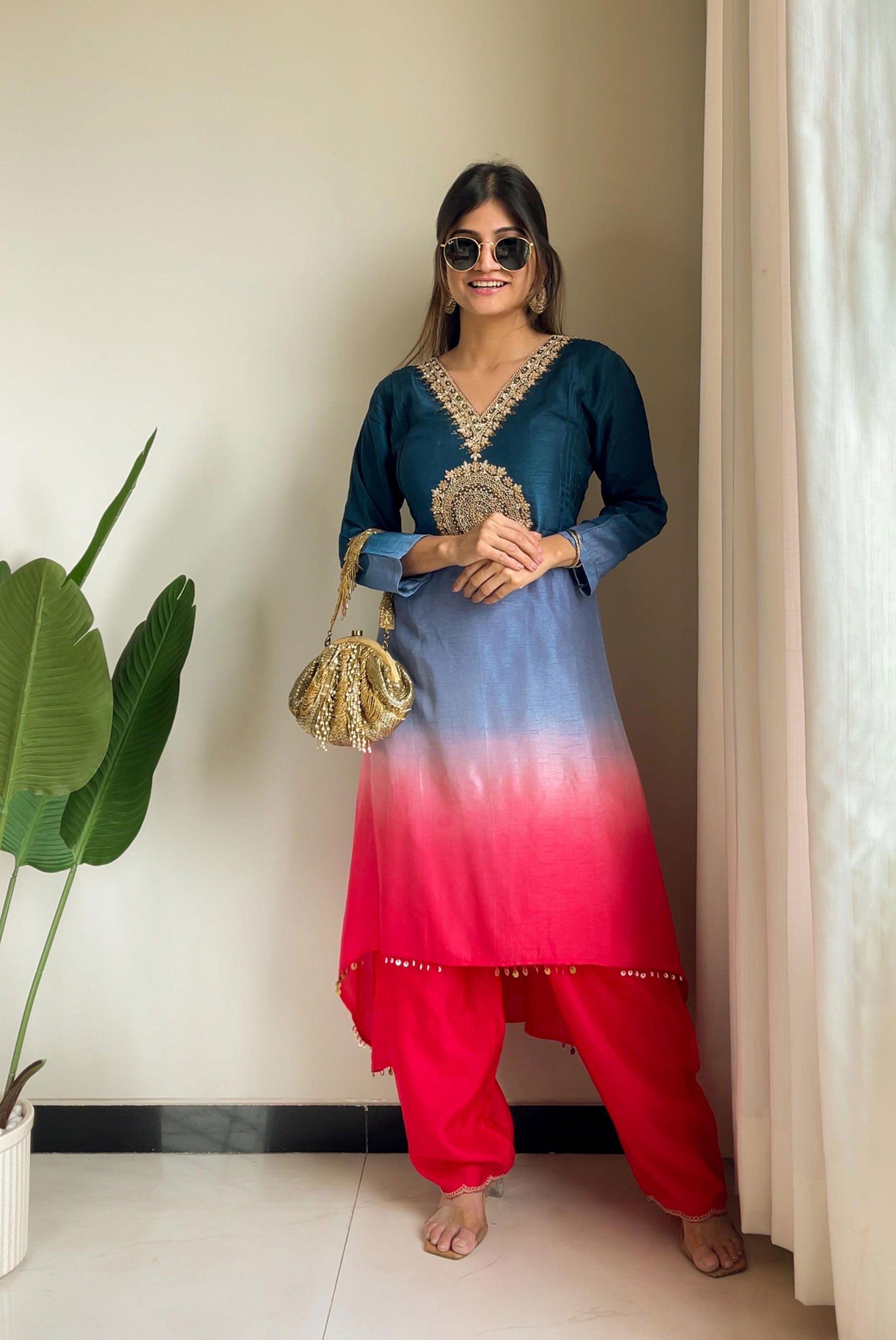 Zari Work In Yok 3 Shaded Colour Kurta Set