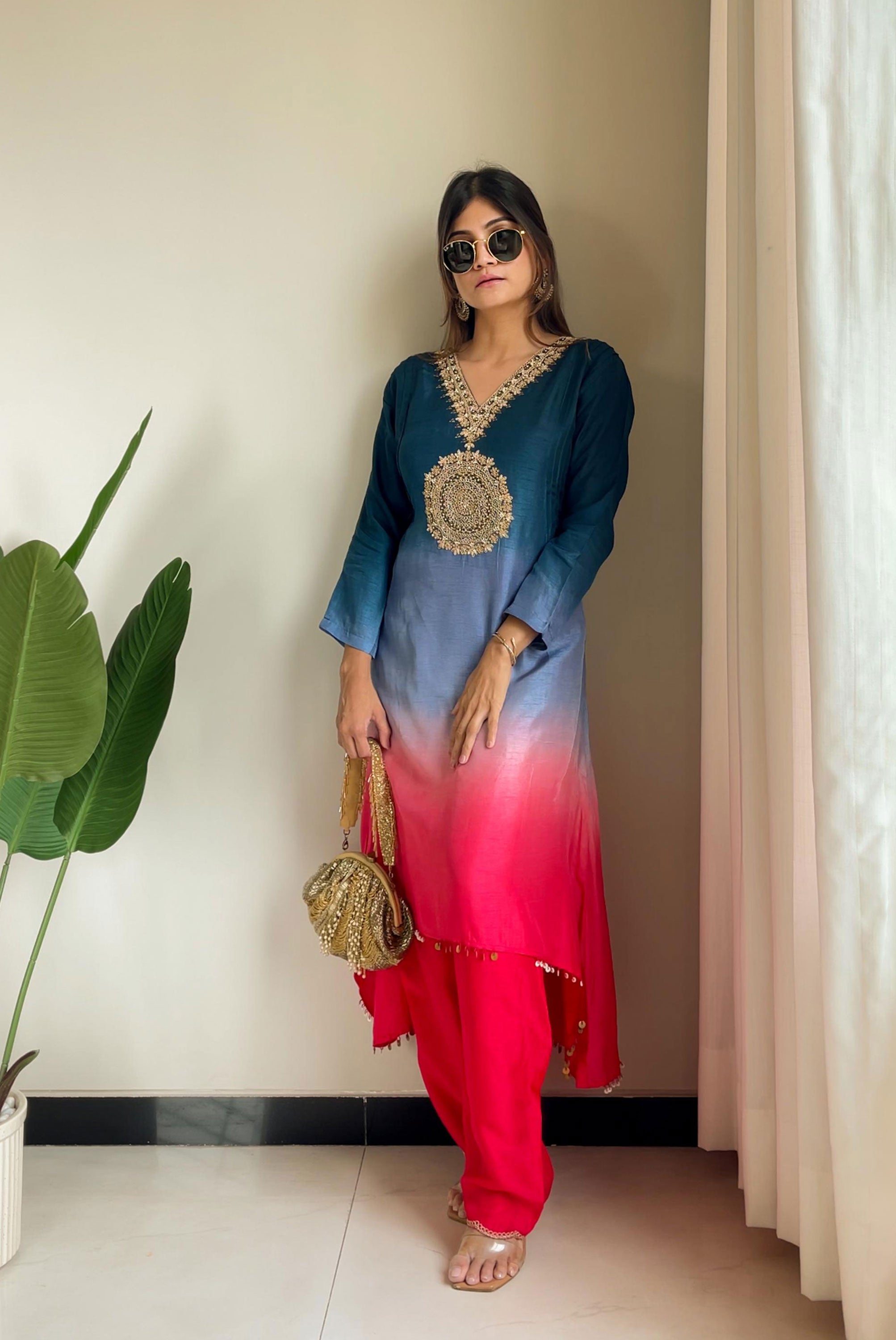 Zari Work In Yok 3 Shaded Colour Kurta Set