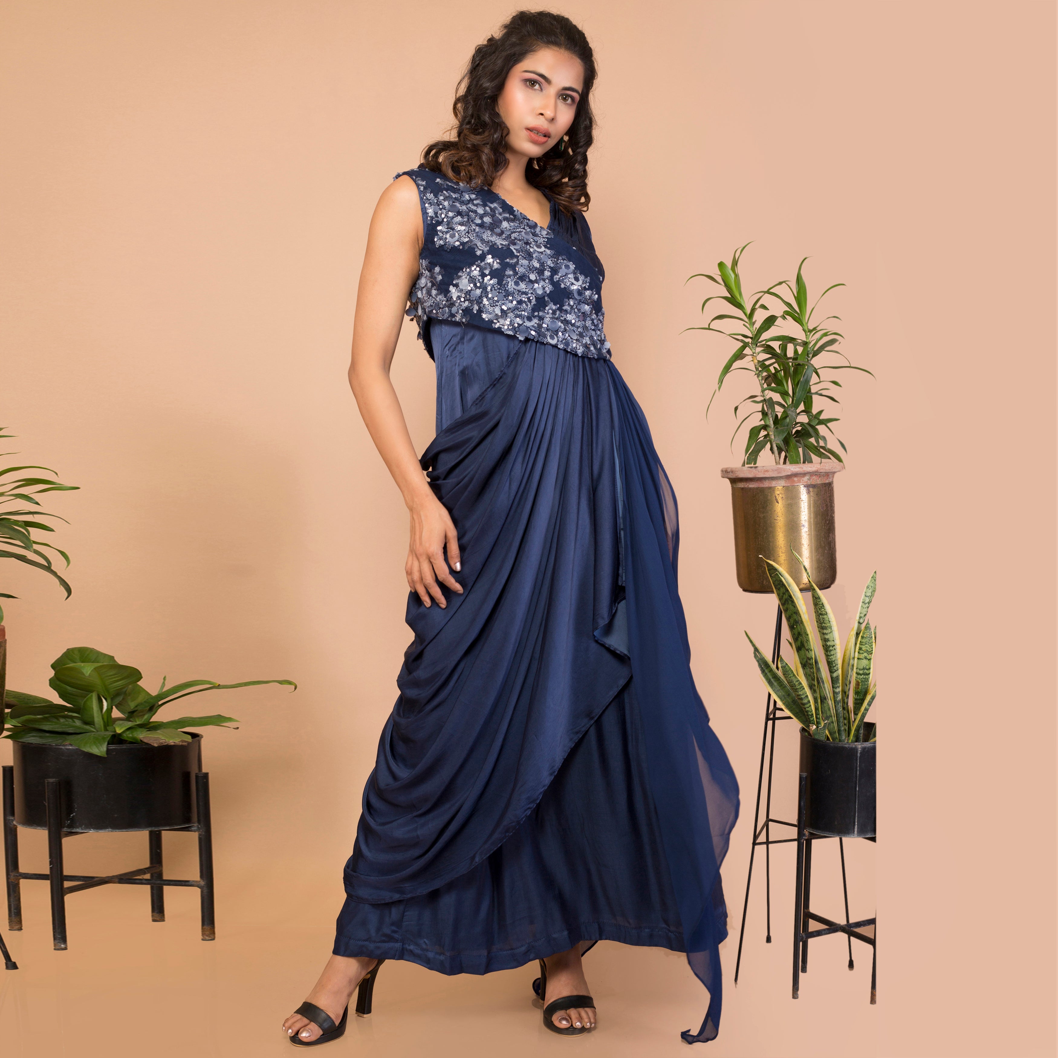 Satin crepe sleeveless draped gown