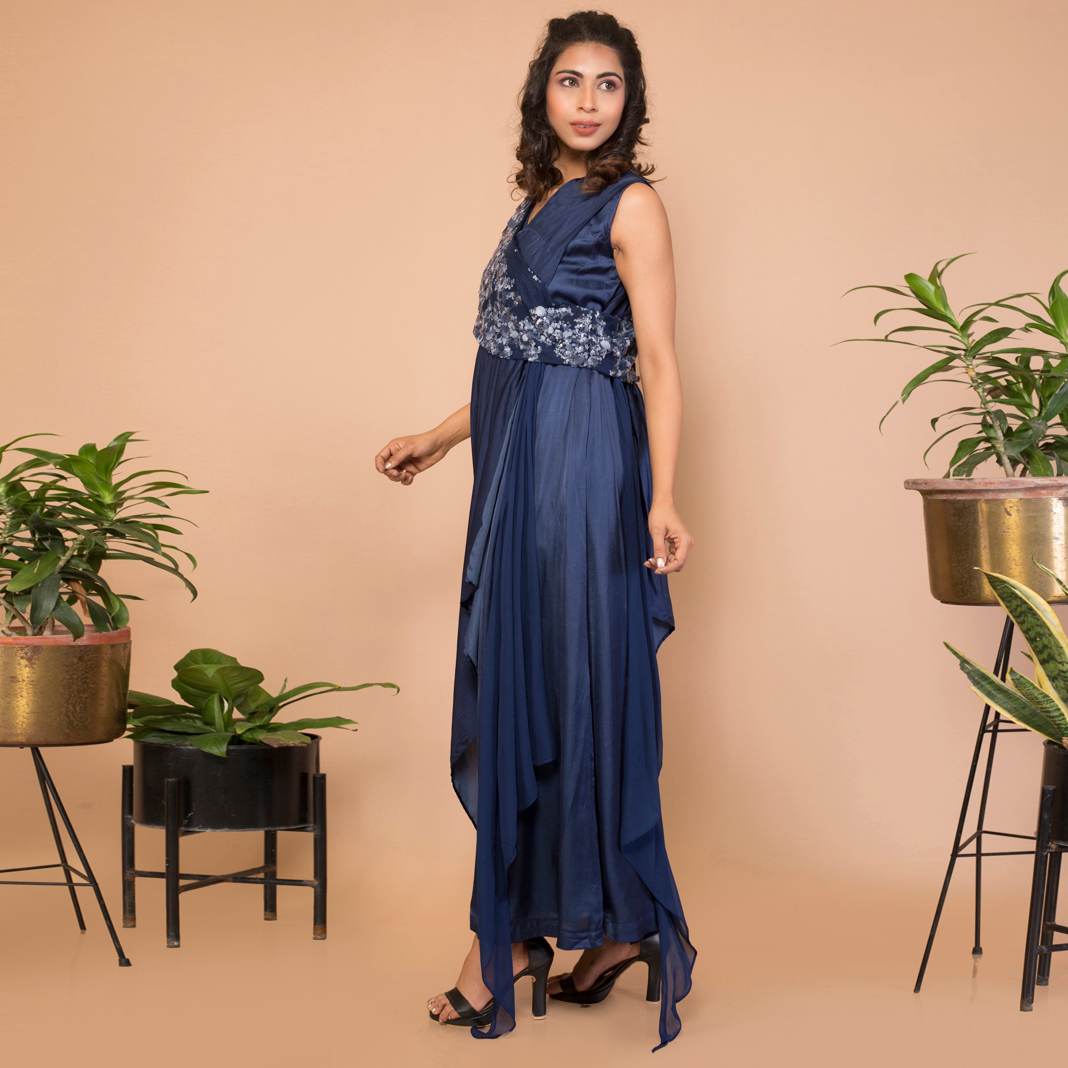 Satin crepe sleeveless draped gown