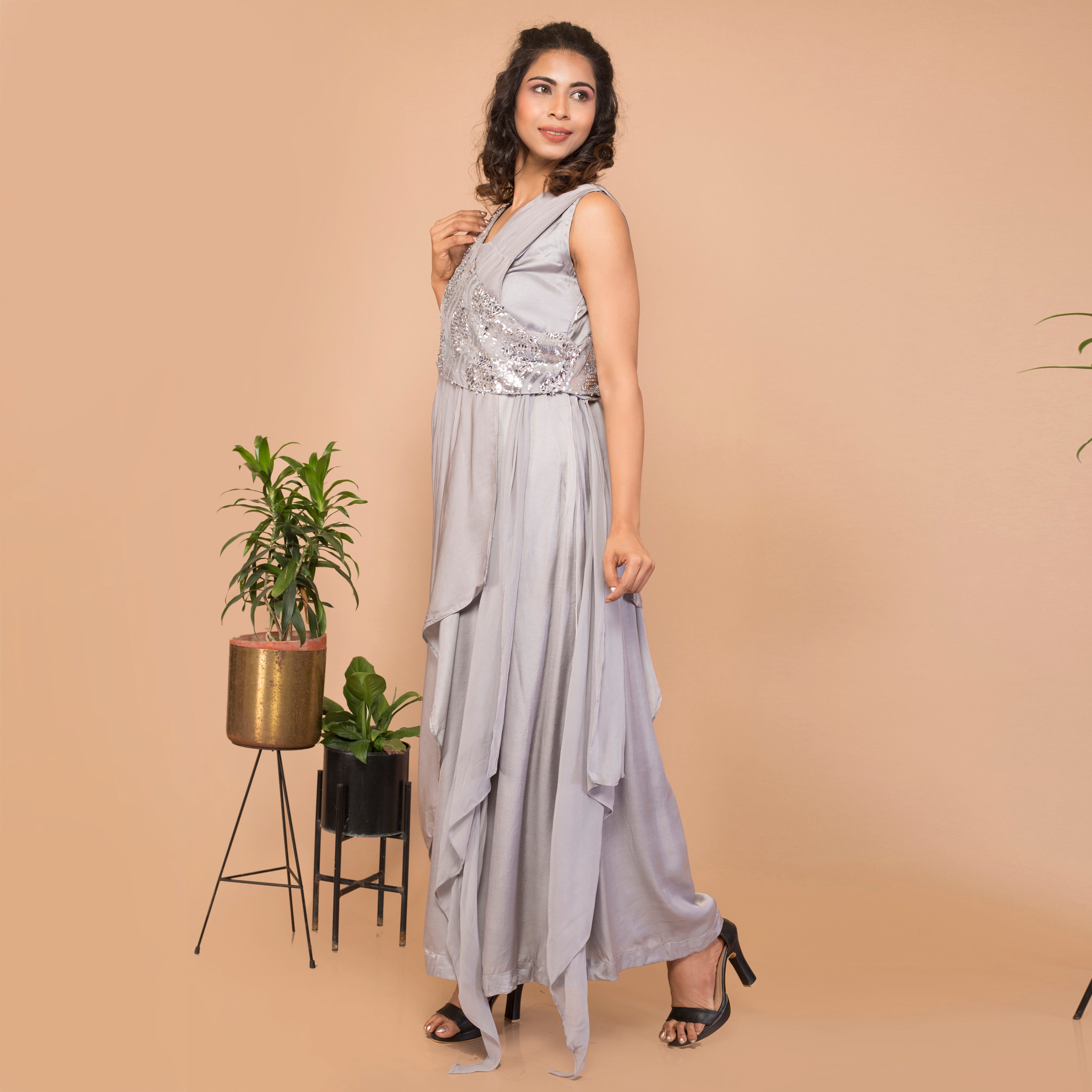 Satin crepe sleeveless draped gown