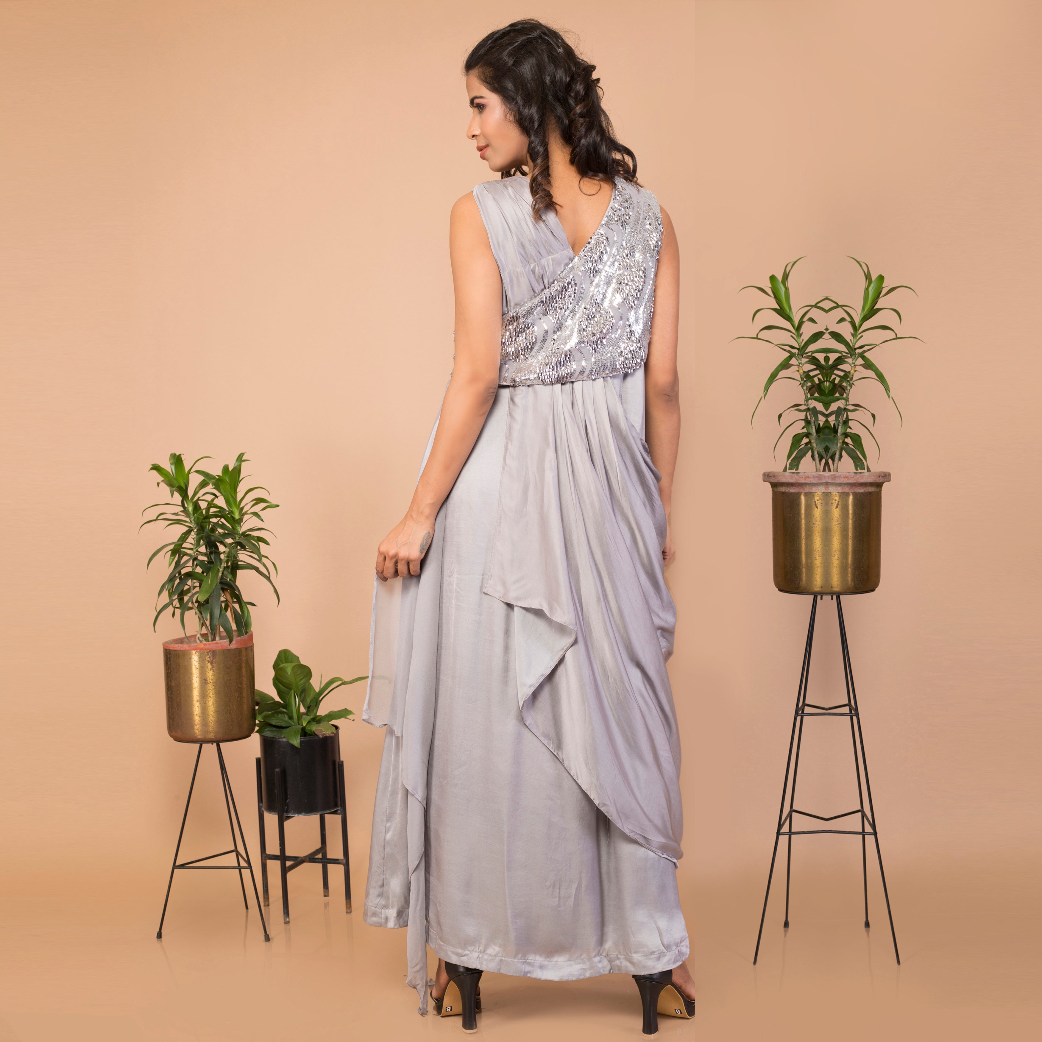 Satin crepe sleeveless draped gown