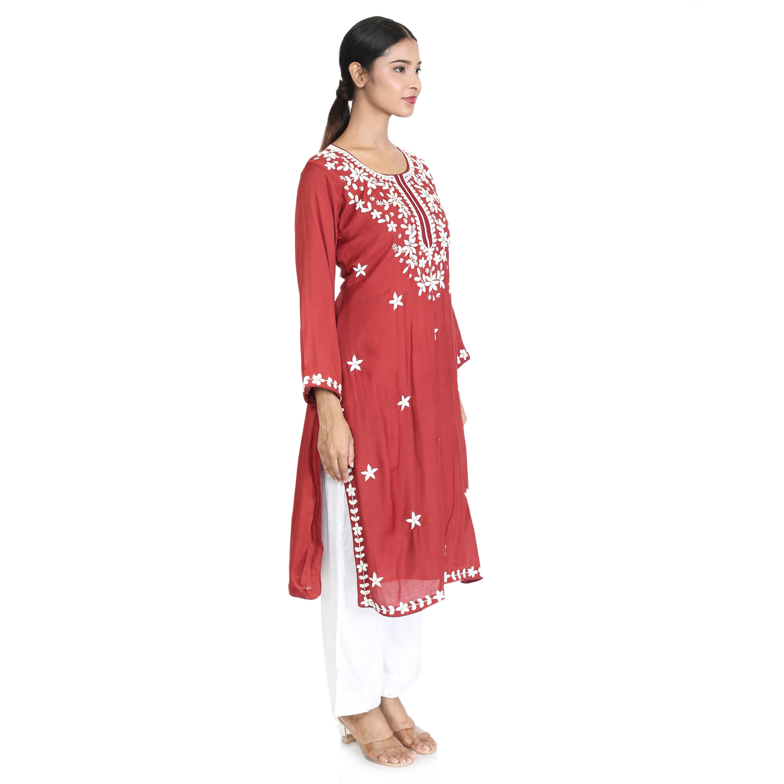 Comfortable Chic full-sleeve kurta with white embroidered details