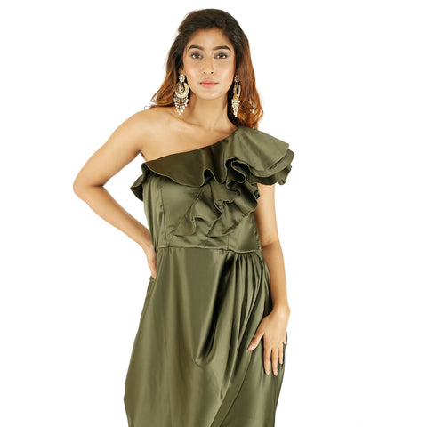 ONE SHOULDER DRAPED SATIN ONE PIECE