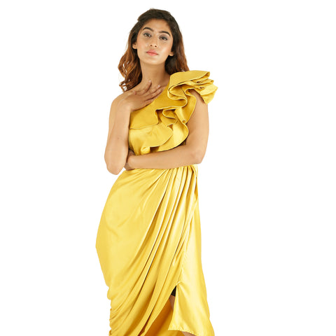 ONE SHOULDER DRAPED SATIN ONE PIECE