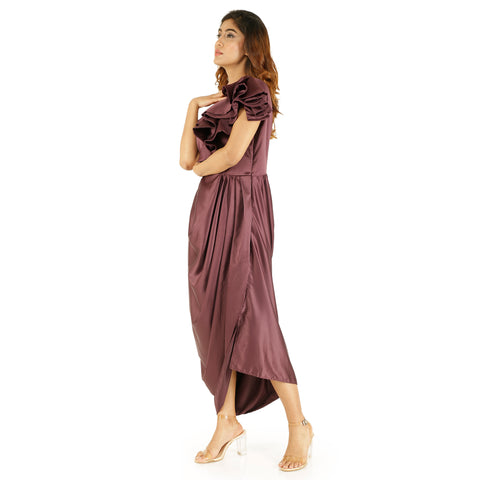 ONE SHOULDER DRAPED SATIN ONE PIECE