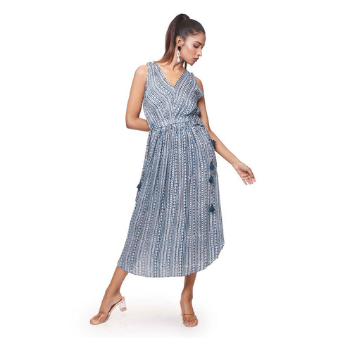 Printed cotton-silk sleeveless midi-dress.