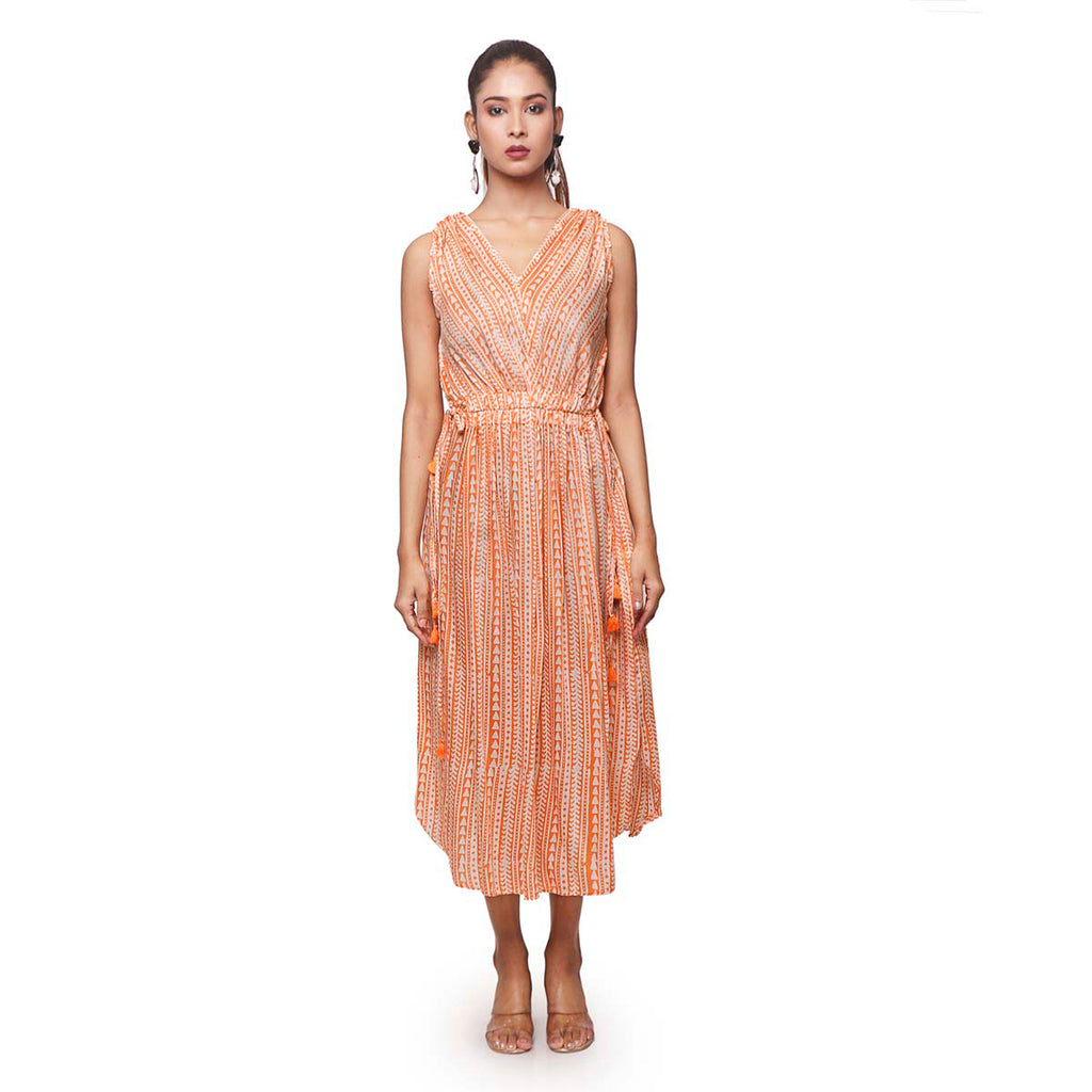 Printed cotton-silk sleeveless midi-dress.